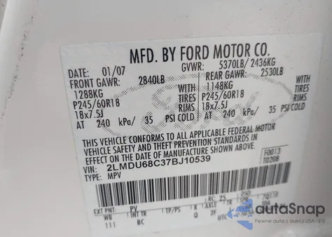 2007 Lincoln Mkx from USA, damaged, VIN 2LMDU68C37BJ10539